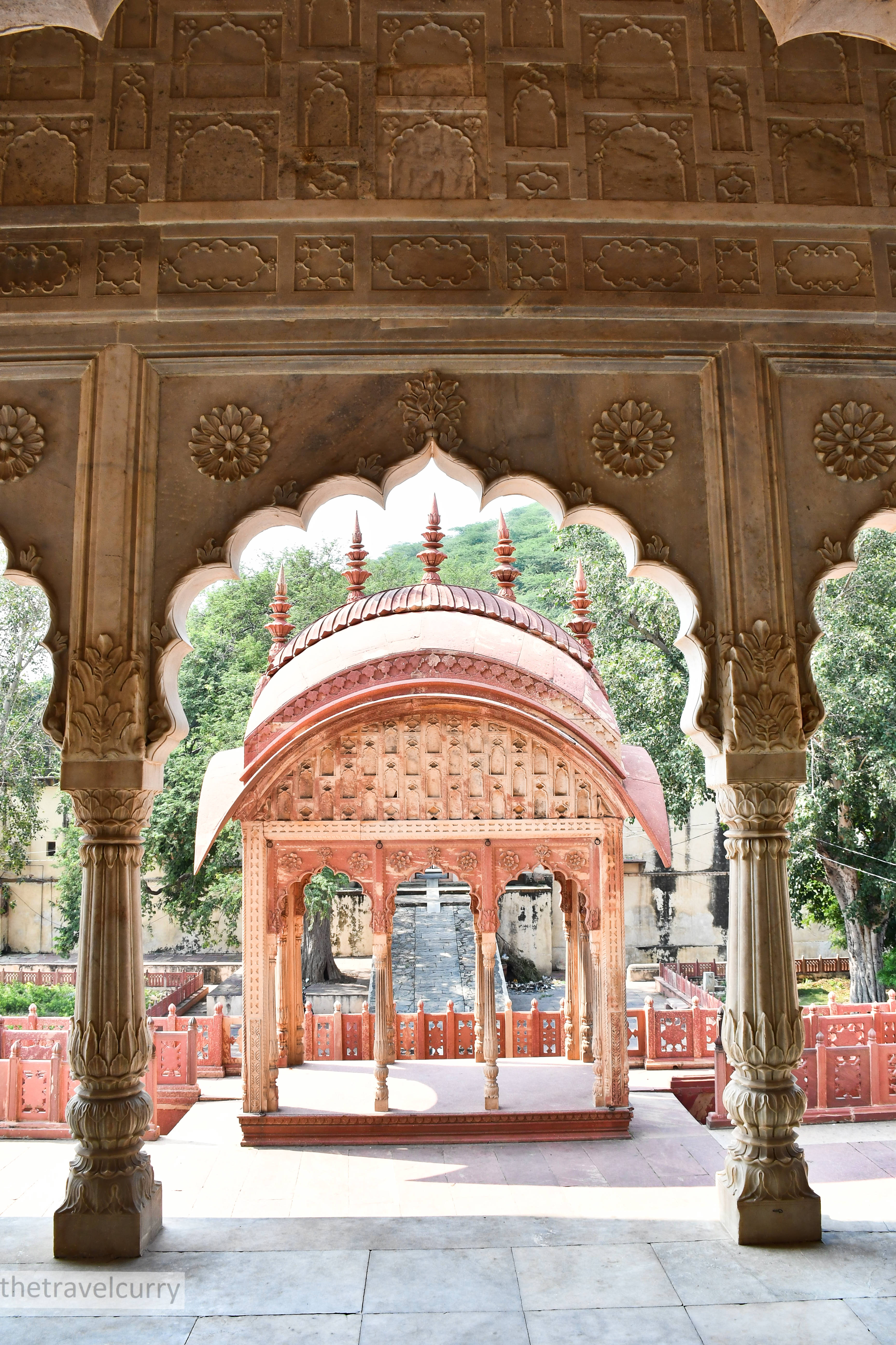 The ornate jharokha in Moosi maharani chhatri facing the lake