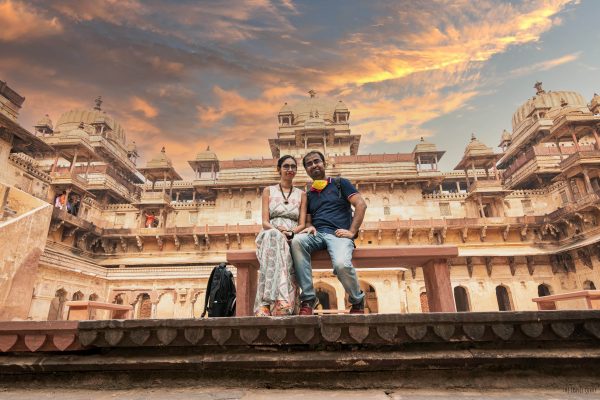 The illustrious Orchha fort with golden sky