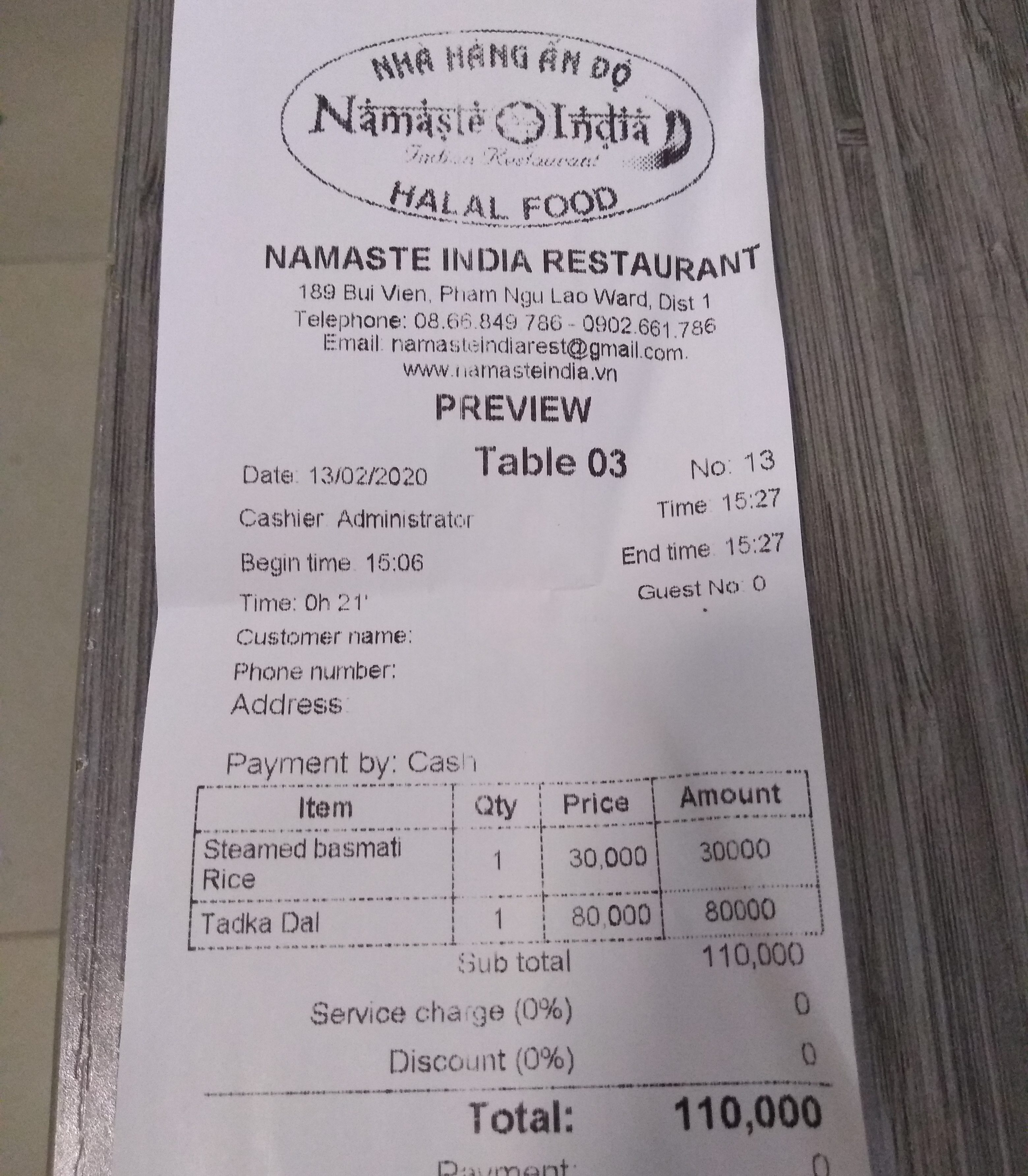 Bill from Namaste India Vietnam