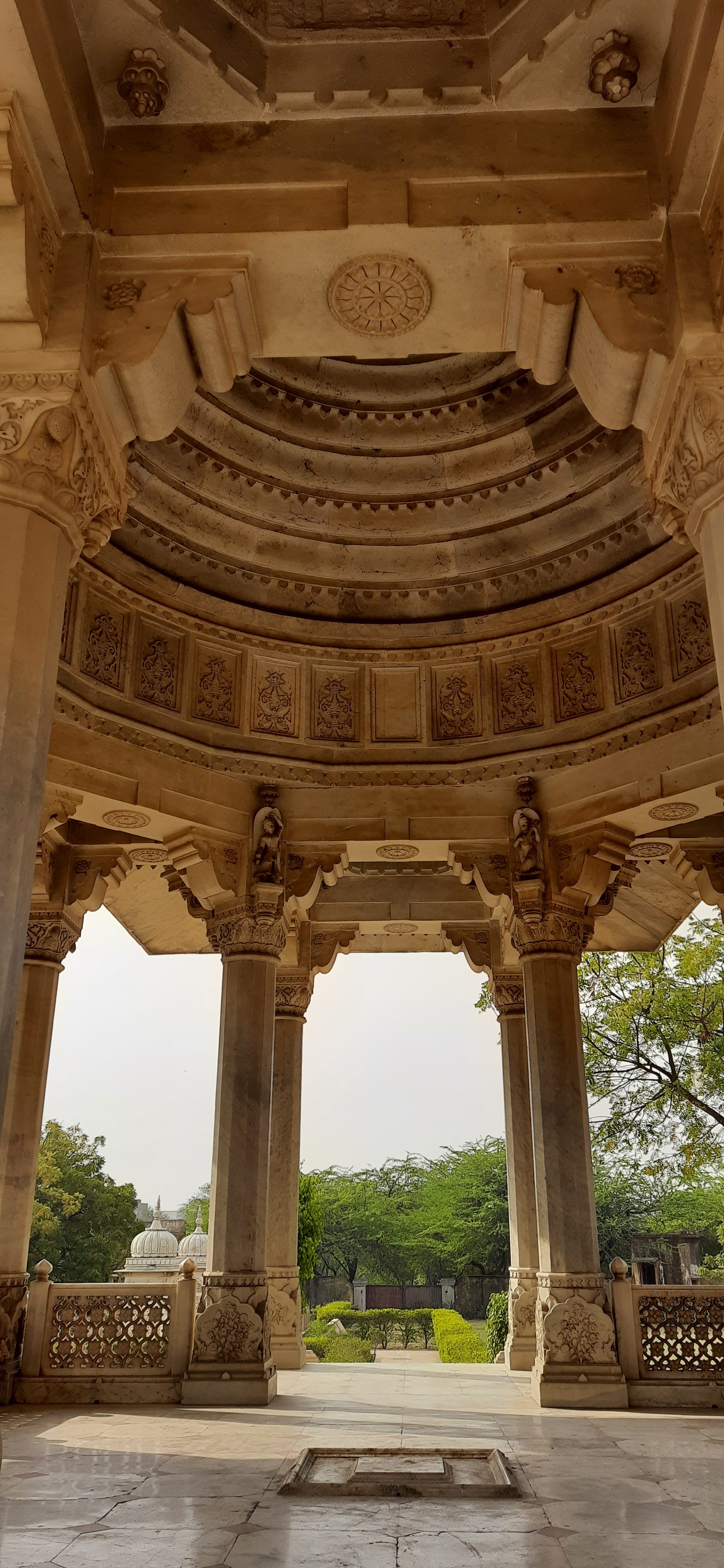 The ornate ceiling of each chhatri