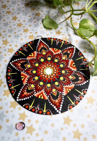Wooden Wall Plate in dots of red, yellow and coral